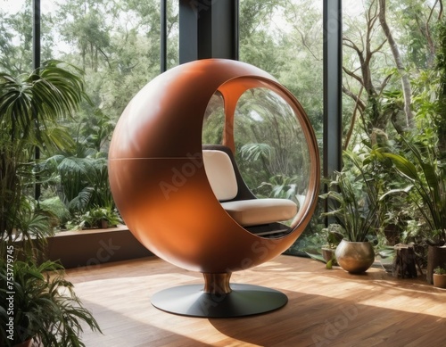 Modern spherical chair with plush seating in a stylish interior with wooden floors and green plants.
