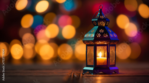Ornamental Arabic lantern with burning candle glowing at night. Festive greeting card, invitation for Muslim holy month Ramadan Kareem. © Mujahid