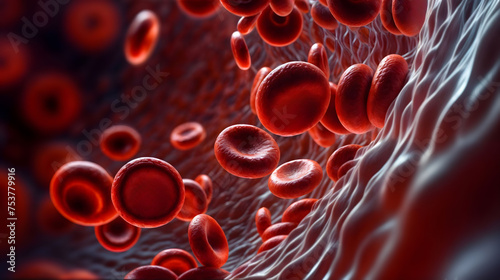 Red blood cells as they navigate through the labyrinthine vessels. Generative AI photo