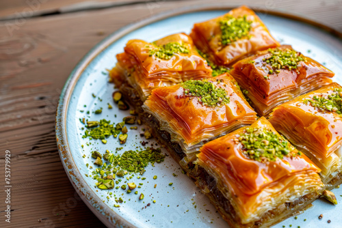 Pistachio Turkish baklava on a white plate on wooden table photo