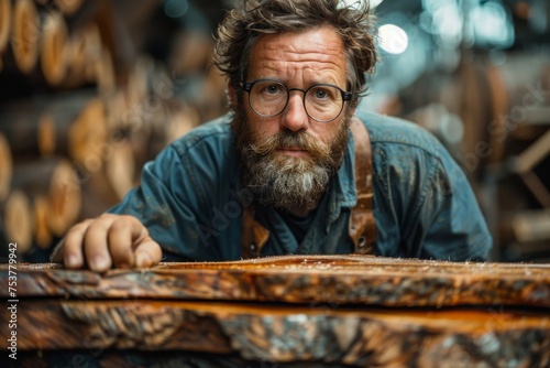 A focused carpenter with messy hair peers intently at a wooden piece in his rustic workshop photo
