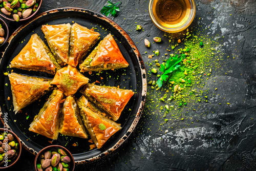 Pistachio Turkish baklava on a white plate and black background
