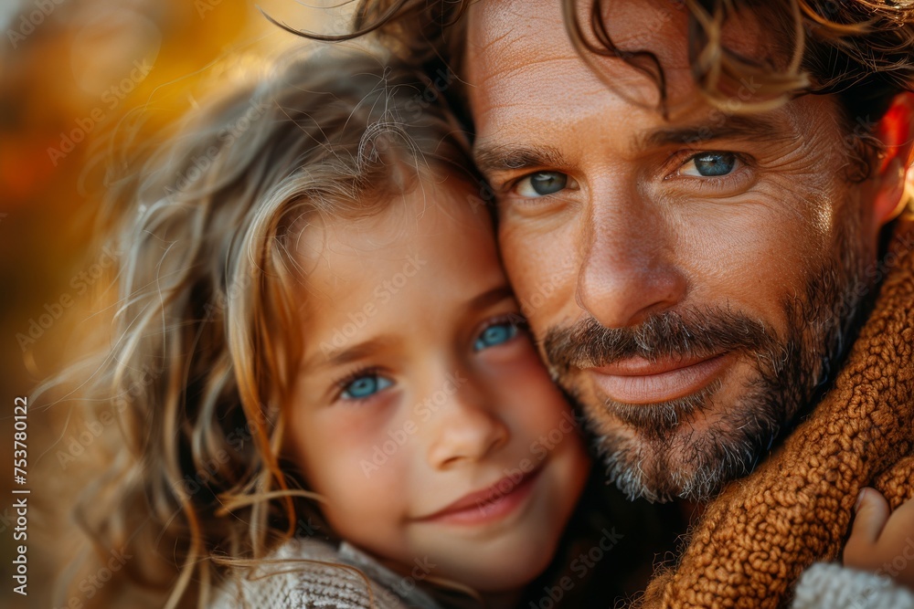 Portrait of a father cuddling his young daughter among autumn leaves Portrait of a father cuddling his young daughter among autumn leaves