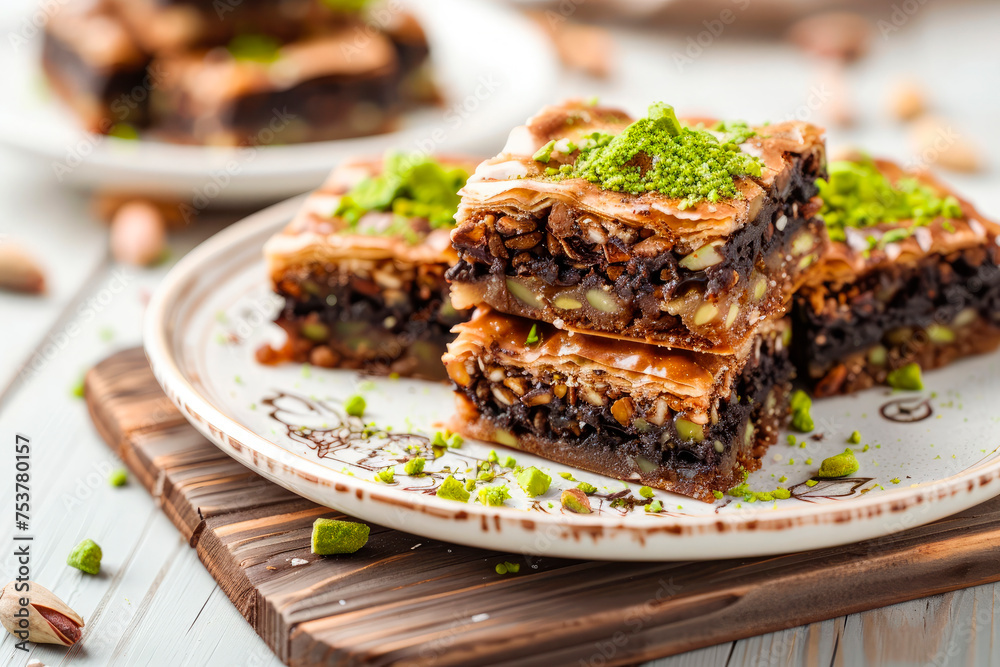 chocolate baklava with pistachio on wooden table. Traditional turkish dessert