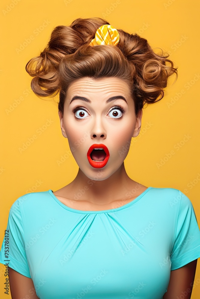 surprised young woman, retro pin up hair style and make up over plain studio background surprised young woman, retro pin up hair style and make up over plain studio background