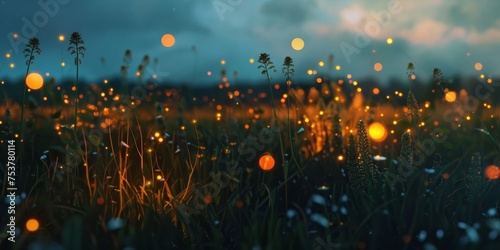 A field of grass with many glowing lights in the grass
