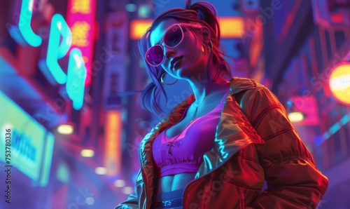 3D character exuding confidence and attitude, captured in a dynamic pose against a backdrop of pulsating neon lights and urban nightlife
