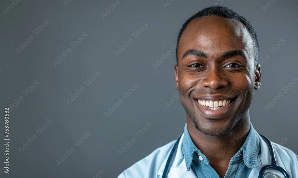Portrait of happy friendly male doctor medical worker wearing white coat with stethoscope - obrazy, fototapety, plakaty 