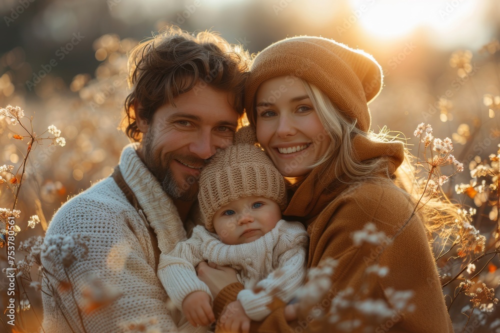 Obraz premium A young family enveloped in golden hour light, with a serene baby, enjoying an outdoor autumnal atmosphere