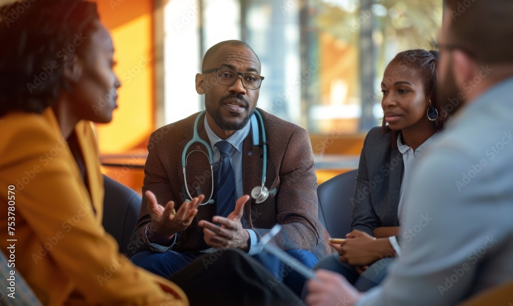 An experienced doctor with a stethoscope, discussing treatment options with a group of diverse patients in a hospital consultation room - obrazy, fototapety, plakaty 