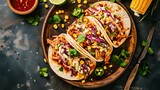 BBQ Pulled Pork Tacos with Coleslaw and Corn on the Cob.  Food Image
