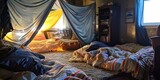 A cozy bedroom with a blue canopy tent and a yellow one