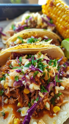 BBQ Pulled Pork Tacos with Coleslaw and Corn on the Cob.  Food Image
