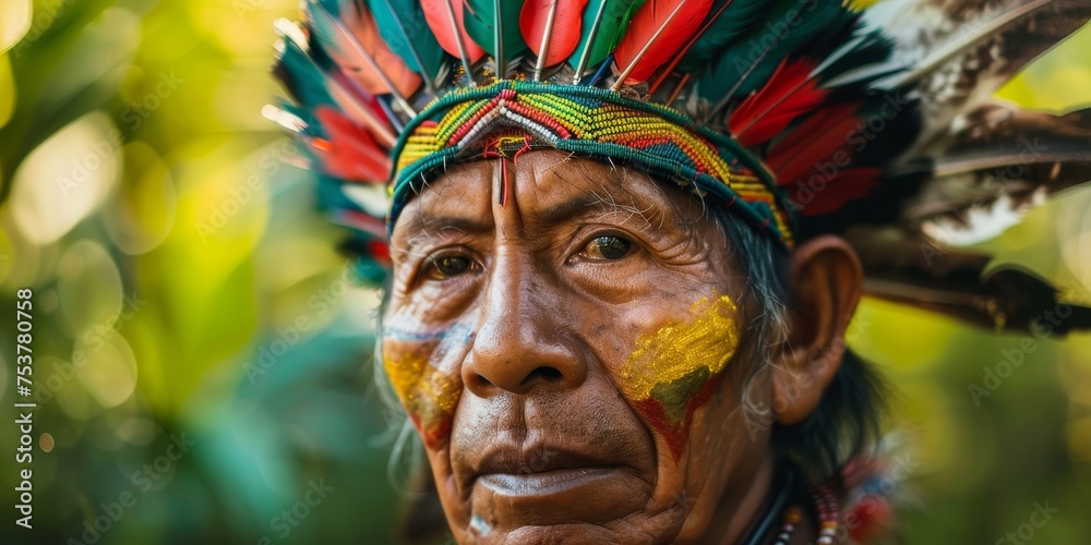 A man wearing a colorful headdress and face paint
