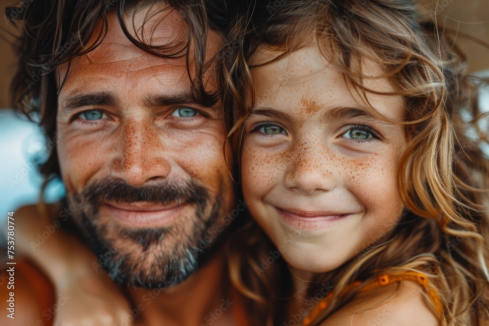 Close-up image captures a joyful moment between a handsome father with piercing blue eyes and his smiling young daughter with freckles Close-up image captures a joyful moment between a handsome father with piercing blue eyes and his smiling young daughter with freckles