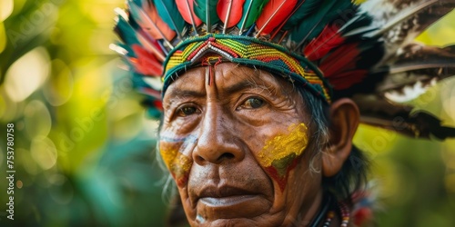 A man wearing a colorful headdress and face paint photo