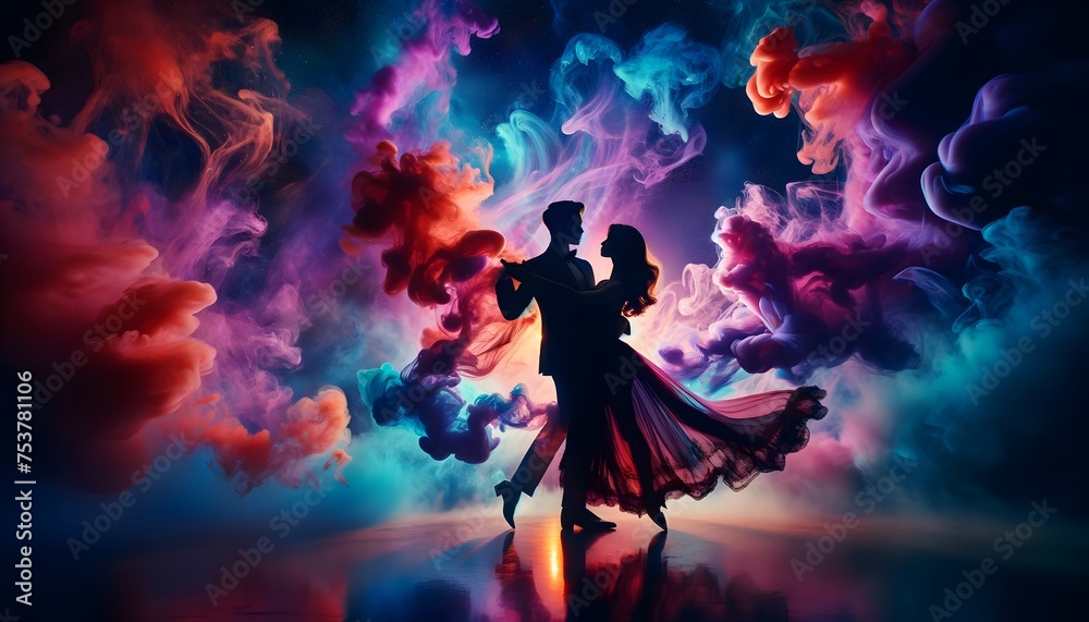 Fototapeta premium a silhouette of a couple dancing elegantly against a vibrant backdrop of swirling multicolored smoke and a starry sky.