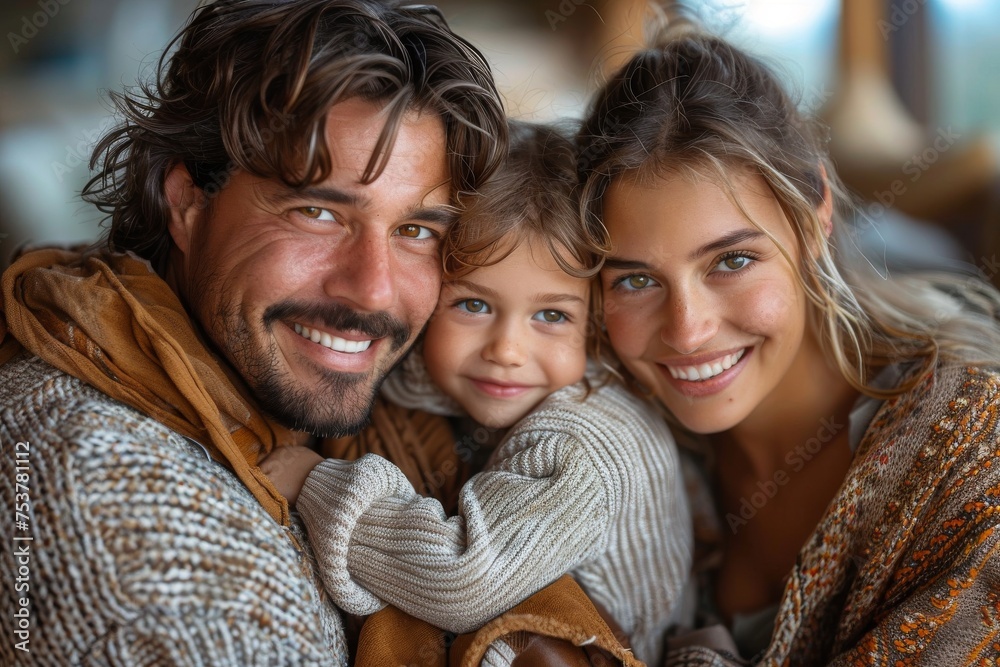Intimate moment captures a father, mother, and their young daughter snuggled together within a shared blanket Intimate moment captures a father, mother, and their young daughter snuggled together within a shared blanket