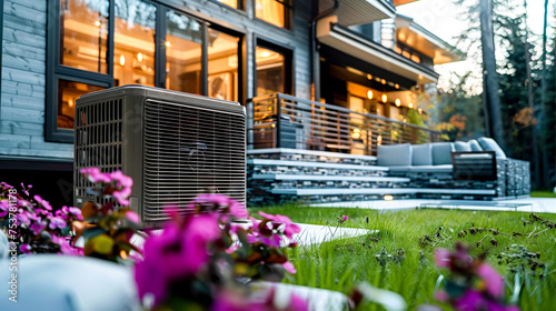 Heat pump outside a home, front view. Generative AI. © visoot