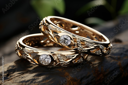 Wedding Rings: Closeup of symbolic wedding bands with intricate engraving.