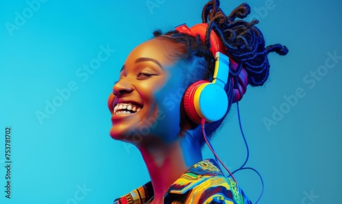 Smiling woman wearing headphones against a soothing blue background, immersed in her music and radiating joy and positivity