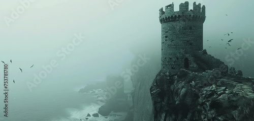 Close exterior view of an ancient stone tower on a misty cliff overlooking the ocean, background color: slate gray