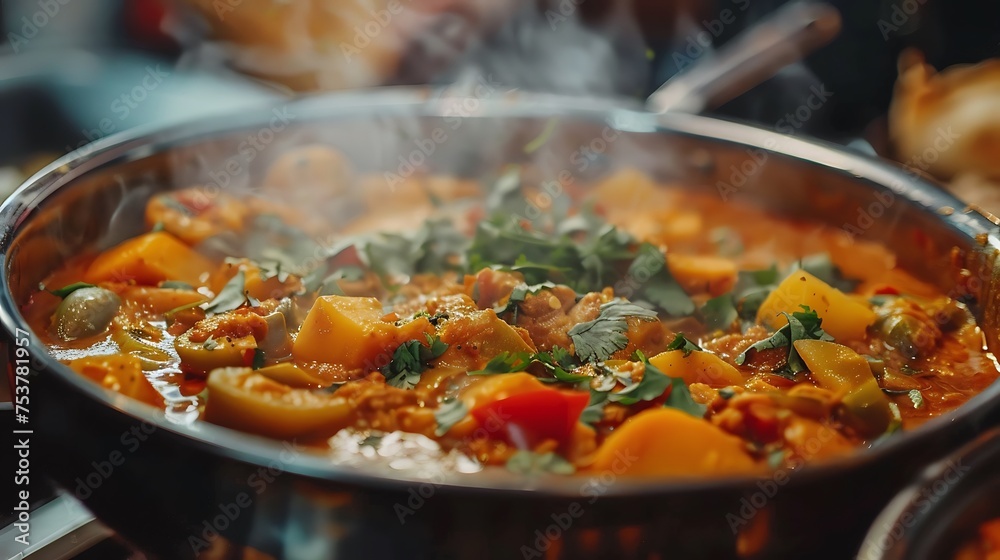 A pot of fragrant curry simmering with vegetables and spices