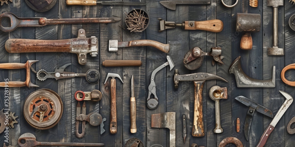 A collection of old tools and implements are displayed on a wooden surface