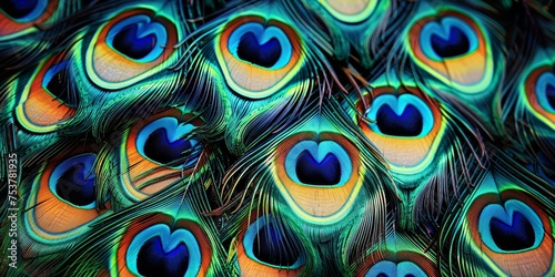 A close up of a peacock's feathers, showcasing their vibrant colors