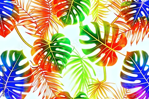 Colorful Tropical Monstera and Palm Leaves Pattern