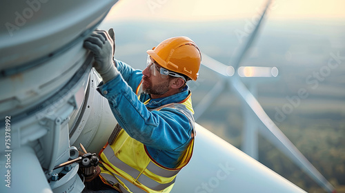 Inspection engineers preparing to rappel down a rotor blade of a wind turbine in wind farm. Generative AI.