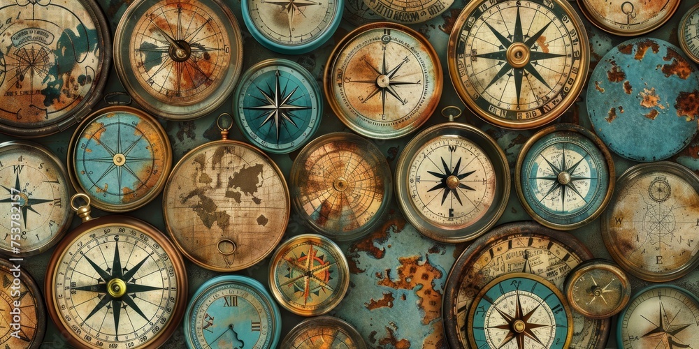 A collection of antique clocks with a map background