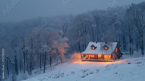 A cosy cabin in a snowy forest © Mudassir
