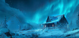 Close exterior view of a rustic log cabin in a snowy landscape under the northern lights, background color: icy blue