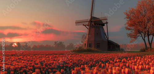 Close exterior view of a traditional windmill house in the tulip fields of Holland, background color: tulip red