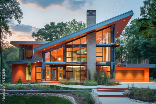 Contemporary house mimicking an eagle's wings designed for energy efficiency in a close exterior view with a background color of soft peach