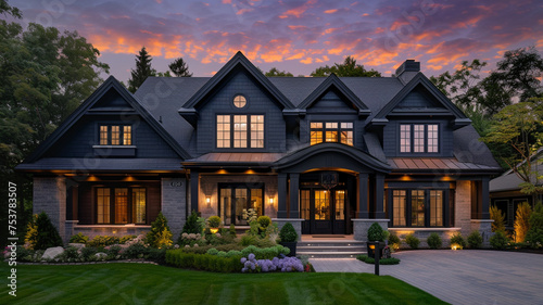 Cozy traditional home exterior in black and dark grey highlighted against a soft violet twilight sky, exterior view