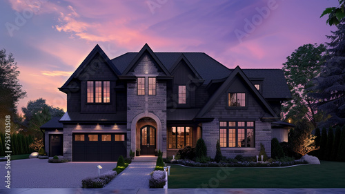 Cozy traditional home exterior in black and dark grey highlighted against a soft violet twilight sky, exterior view