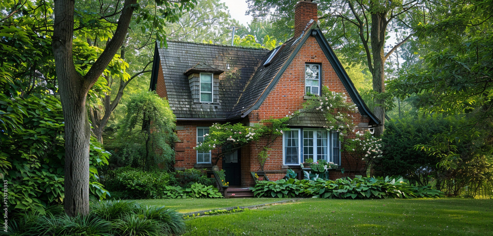 A quaint 19th-century brick cottage with a gable roof, surrounded by lush pear trees in a serene suburban neighborhood