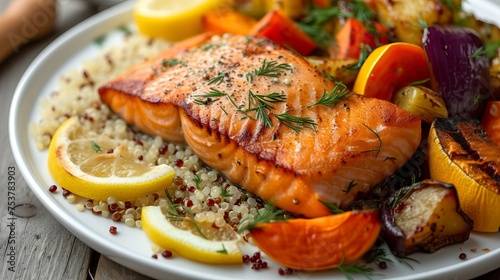 Grilled Salmon with Lemon-Dill Sauce, Roasted Vegetables, and Quinoa. Food Illustration