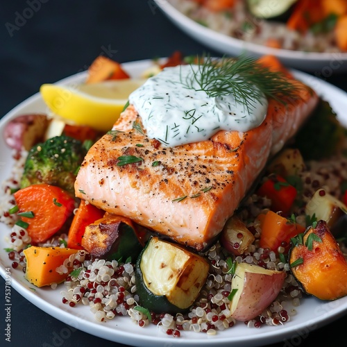 Grilled Salmon with Lemon-Dill Sauce, Roasted Vegetables, and Quinoa. Food Illustration

