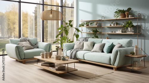 Modern living room in light and calm colors. Loft interior of living room © lisssbetha