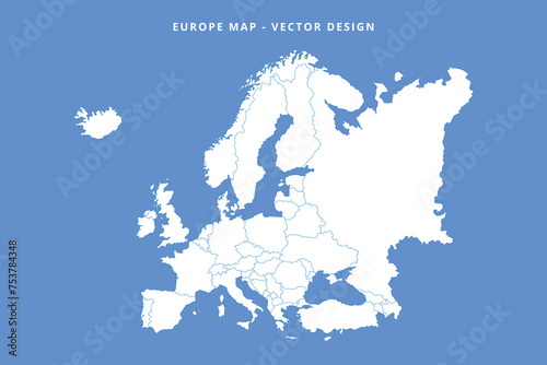 White Europe map with countries outline on blue background. Europe map for presentations, posters, infographics