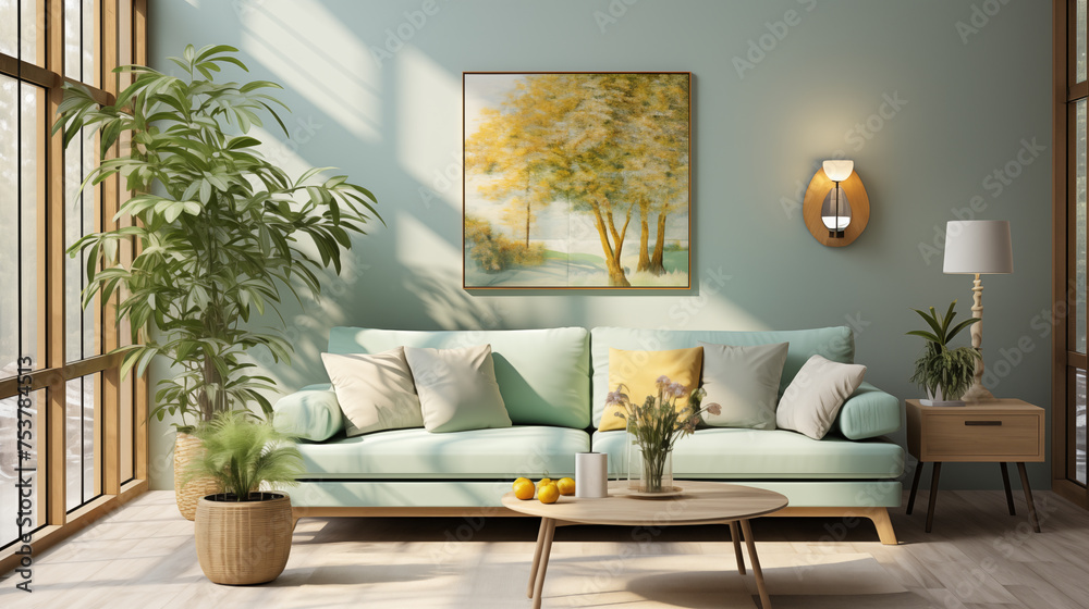 Modern living room in light and calm colors. Loft interior of living room Modern living room in light and calm colors. Loft interior of living room