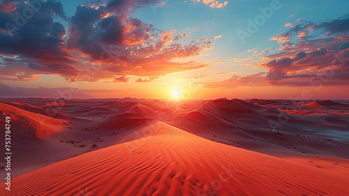 Vibrant sunset over desert dunes with dramatic sky and warm colors.