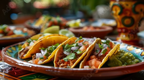 A plate of tacos being served with a side of salsa and guacamole