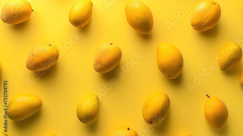 a group of lemons sitting next to each other on top of a yellow surface with one lemon in the middle of the group. photo