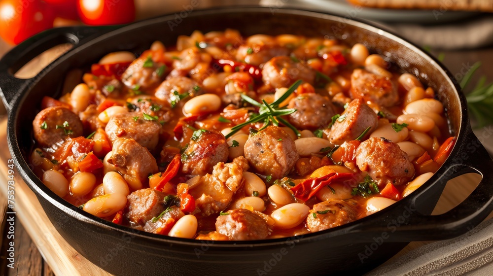 Italian Sausage and White Bean Cassoulet.  Food Illustration
