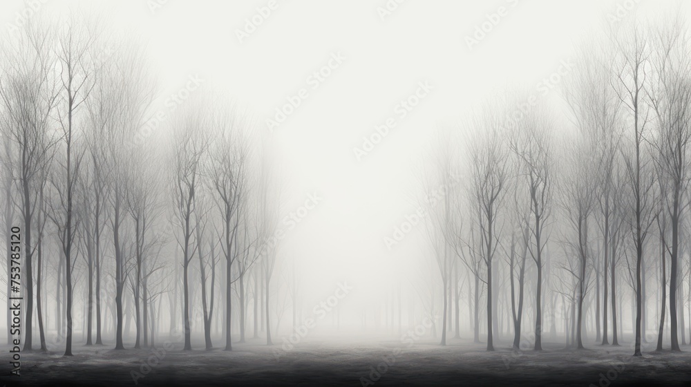 Obraz premium a black and white photo of a forest with trees in the foreground and a foggy sky in the background.