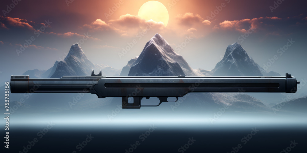 Gaming concept. Gaming header interface with old rifle, cloudy mountains background. - obrazy, fototapety, plakaty 